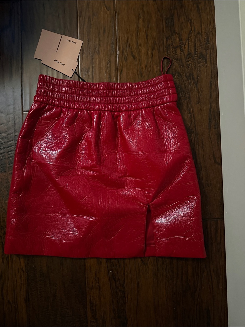 NWT Miu Miu Shiny Red Faux-Leather Mini Skirt with Ruched Waistband